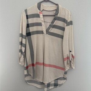 Striped V-Neck Roll-Sleeve Women's Top - Beige with Gray & Pink Accents